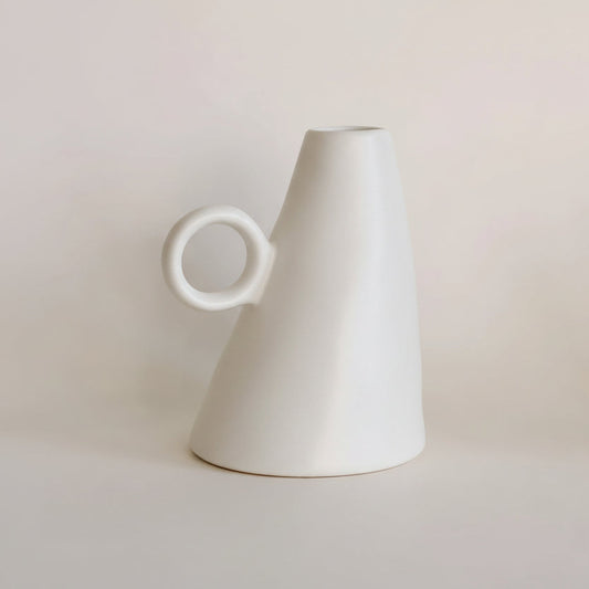 Canister ceramic bud vase with handle and cylindrical silhouette for single stems
