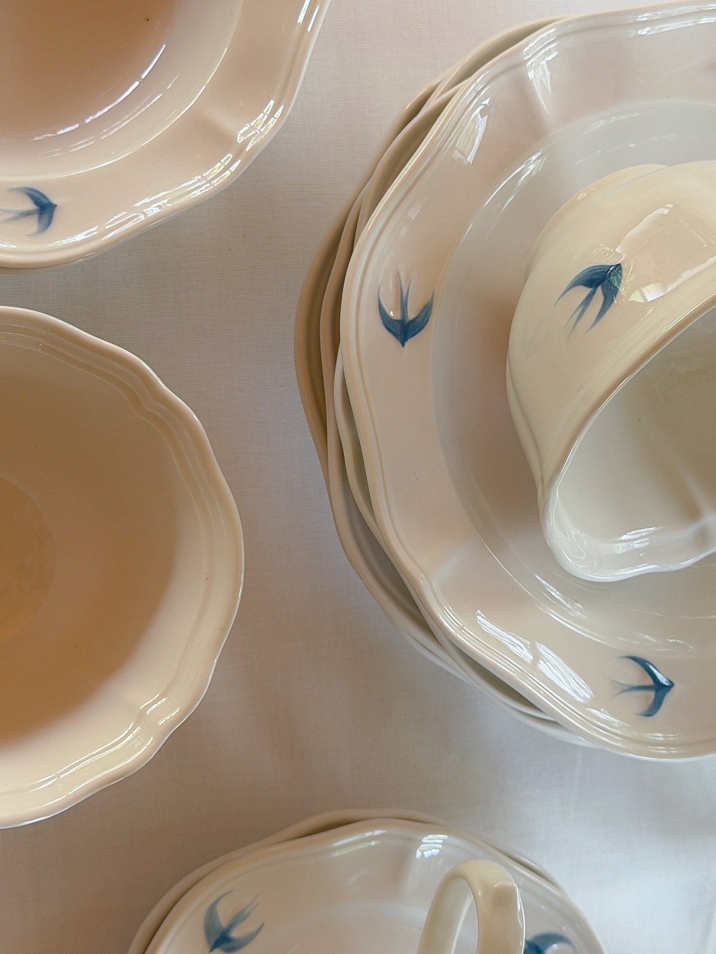 Painted bluebird porcelain appetizer plates, set of 2 — 6 inch plates with vintage bluebird pattern