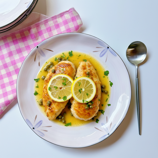 A plated dish of two golden chicken breasts in lemon butter sauce with green peas and lemon slices, served on a white plate with a pink and white checkered napkin and a silver spoon on a white table.