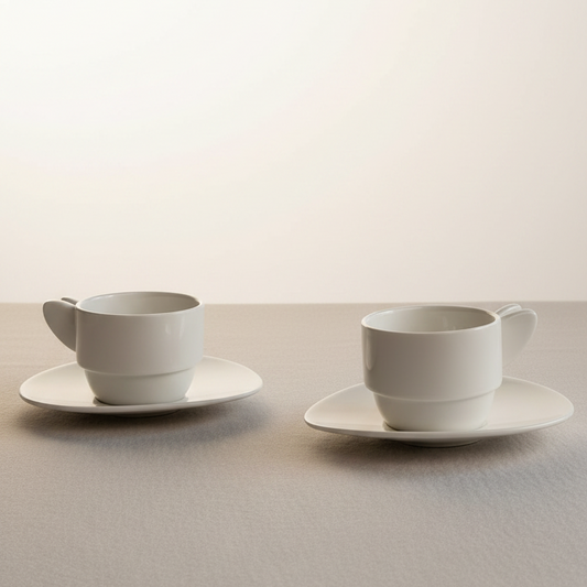 Two white ceramic cups with saucers on a light gray surface.