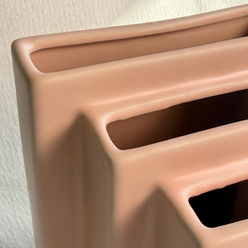 Close-up detail of the stepped openings and ridged book-spine form on a blush pink bookcase ceramic vase.