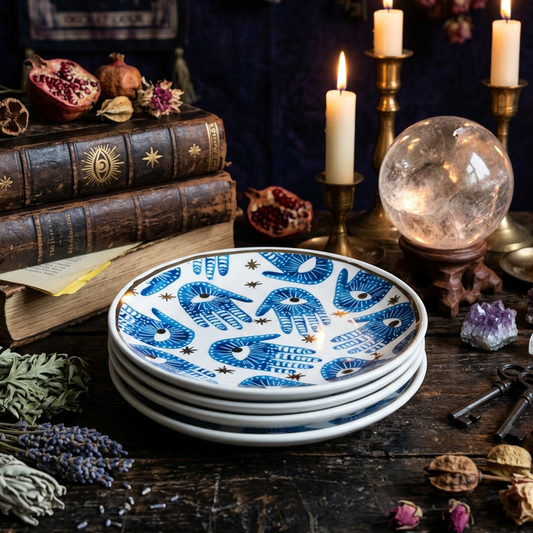 A stack of white ceramic plates decorated with blue handprints and eye motifs, styled on a dark rustic table with candles, books, crystals, and dried botanicals.