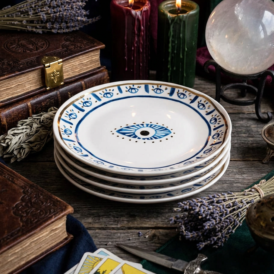 A stack of white ceramic plates with blue hand-painted patterns, including a central eye motif and a decorative border, styled on a rustic wooden table with candles, books, and dried lavender.