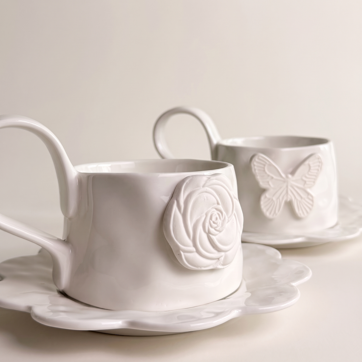 Ivory Rose Ceramic Mug and Saucer, Set of 4