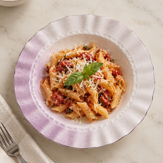 A bowl of penne pasta with tomato sauce, grated cheese, and a basil leaf, served on a lavender scalloped ceramic plate on a light marble surface. A fork, napkin, and bread in a small bowl are visible around it.