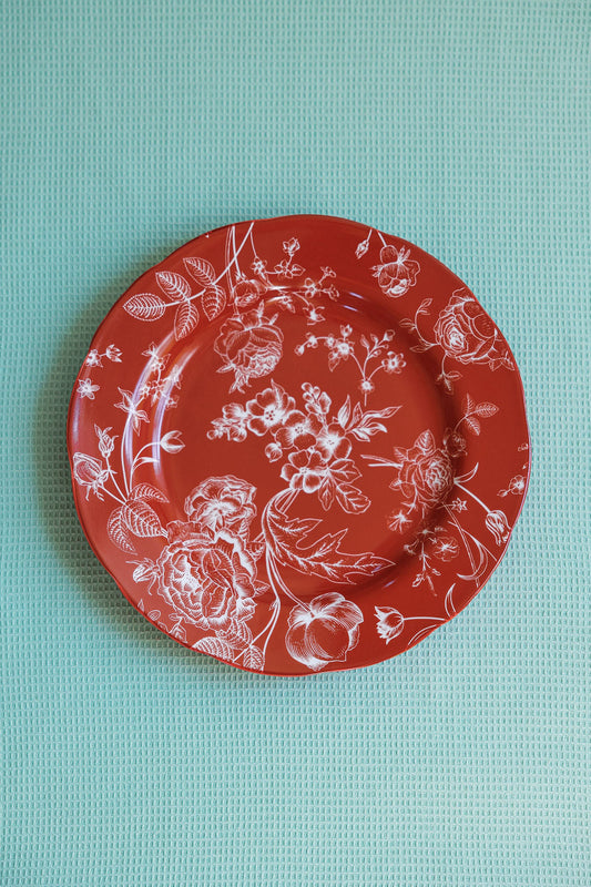 Cherry Chinoiserie porcelain dinner plates with red and blue floral pattern