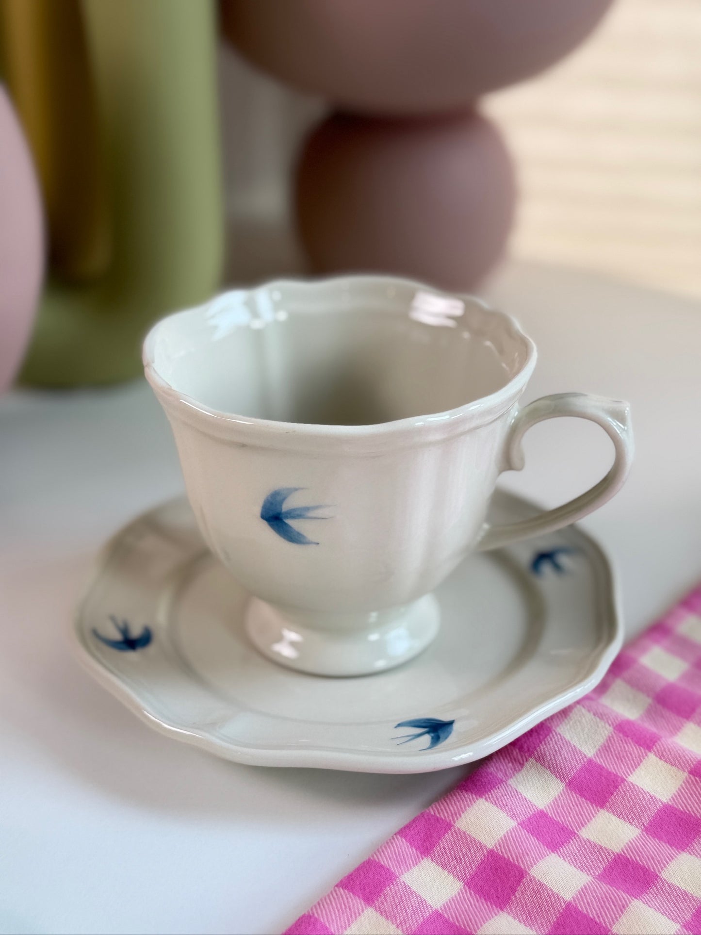 Bluebird Painted Tea Cup and Saucer, Set of 2