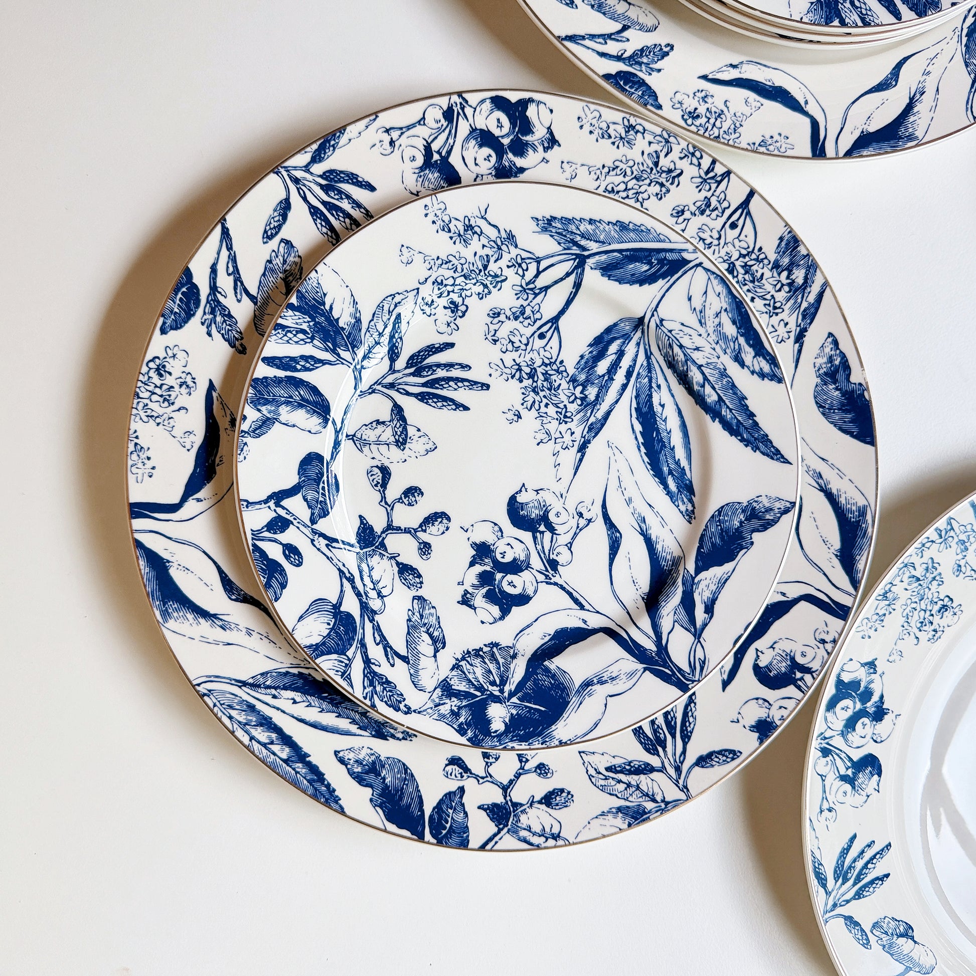 Set of blue and white floral-patterned plates on a light background