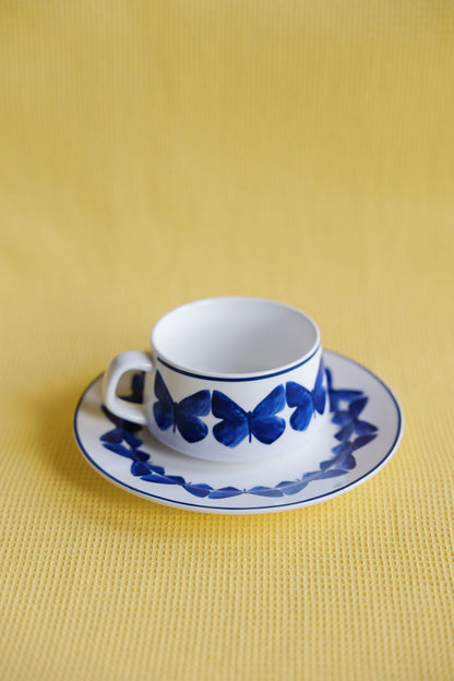 Adonis Blue Butterfly porcelain cup and saucer with vivid cobalt butterfly motif