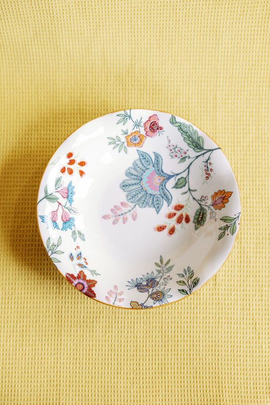 Azure Desert Floral porcelain salad bowls with vibrant cobalt blue floral pattern, set of 4