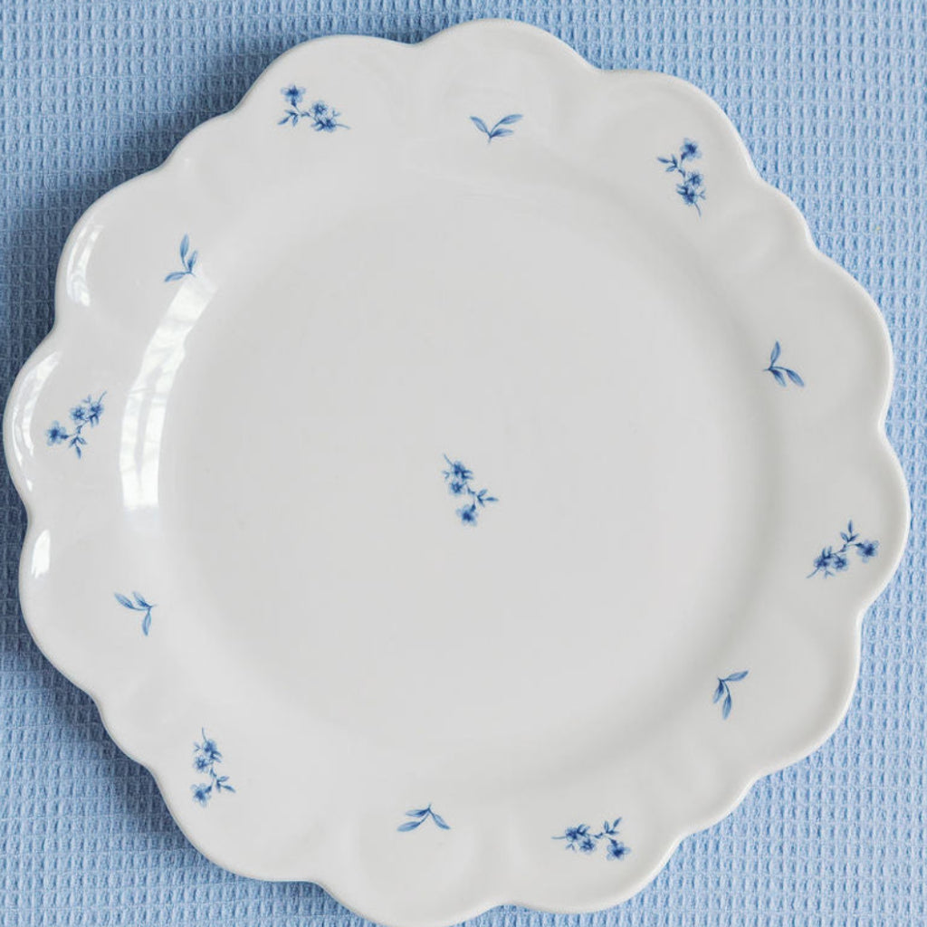A white ceramic plate with a floral pattern in blue, placed on a blue textured background.