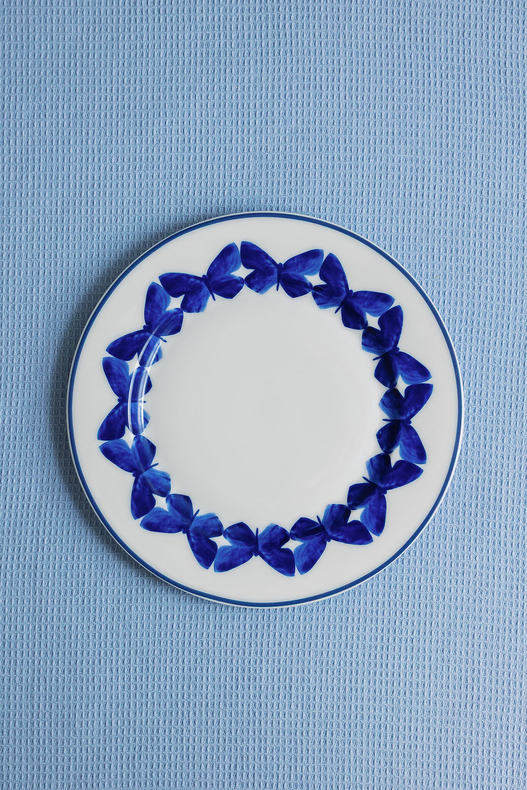 Adonis Blue Butterfly porcelain dessert plates with vivid cobalt butterfly motif, set of 4