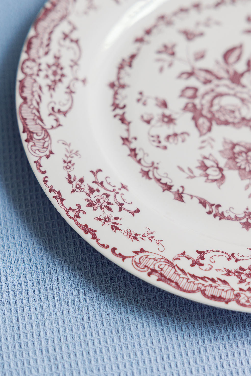 Close-up of the red rose and scroll border on a Chantilly Lace porcelain plate against blue waffle fabric.