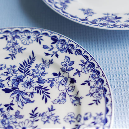 Two blue floral-patterned plates on a light blue background