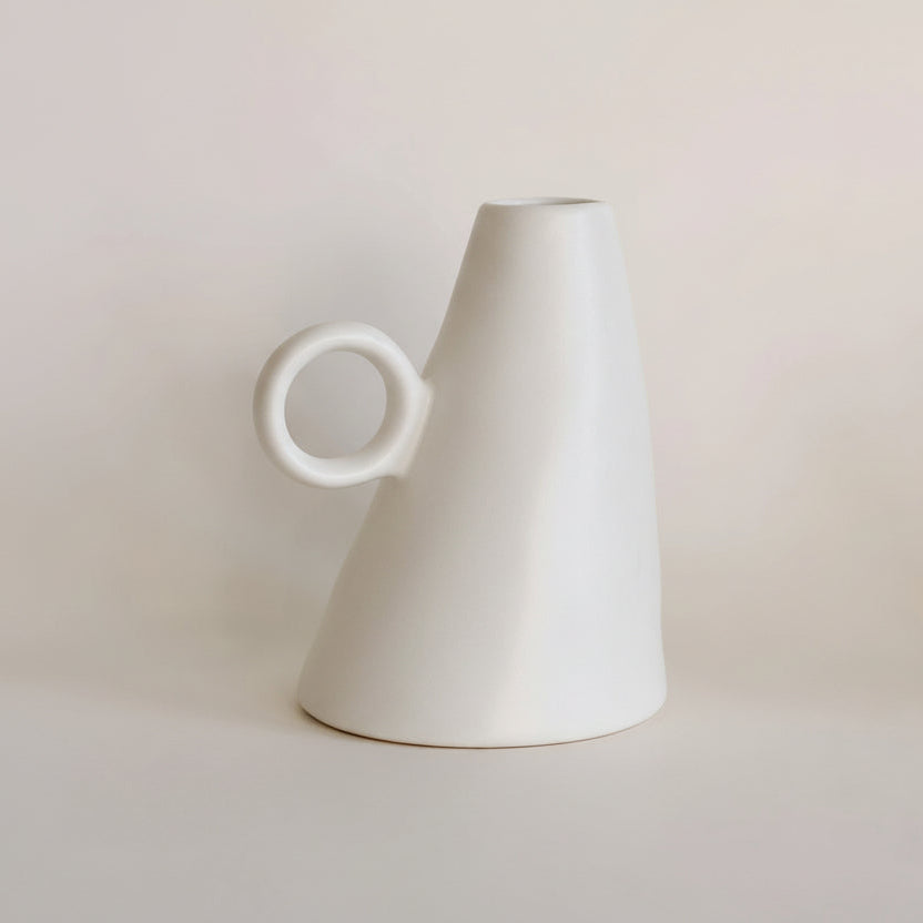 Canister ceramic bud vase with handle and cylindrical silhouette for single stems