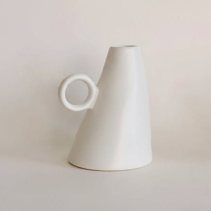 Canister ceramic bud vase with handle and cylindrical silhouette for single stems