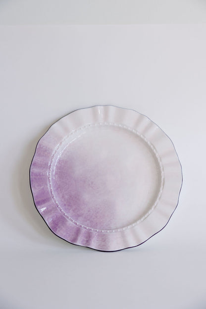 Lavender ombre ruffle pasta plate with beaded rim, layered on a larger scalloped plate.