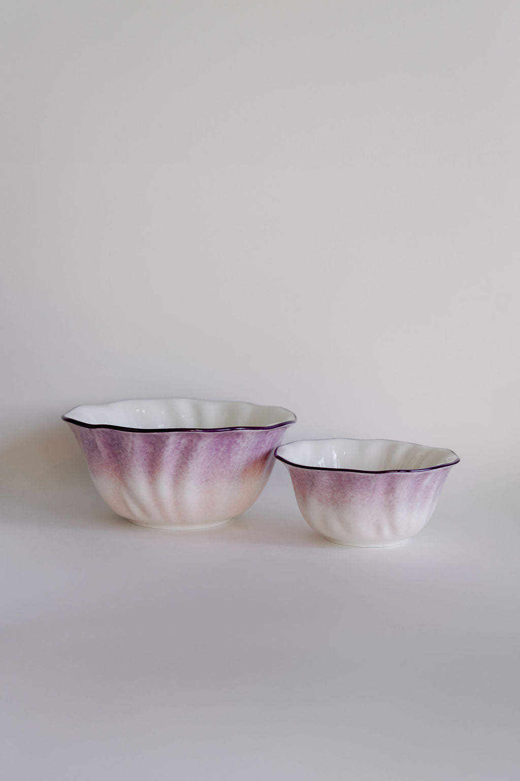 Lavender Ombre Ruffle porcelain salad bowls with sculpted scalloped rim and pastel purple to pink wash, set of 4