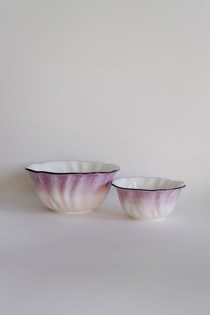 Lavender Ombre Ruffle porcelain salad bowls with sculpted scalloped rim and pastel purple to pink wash, set of 4
