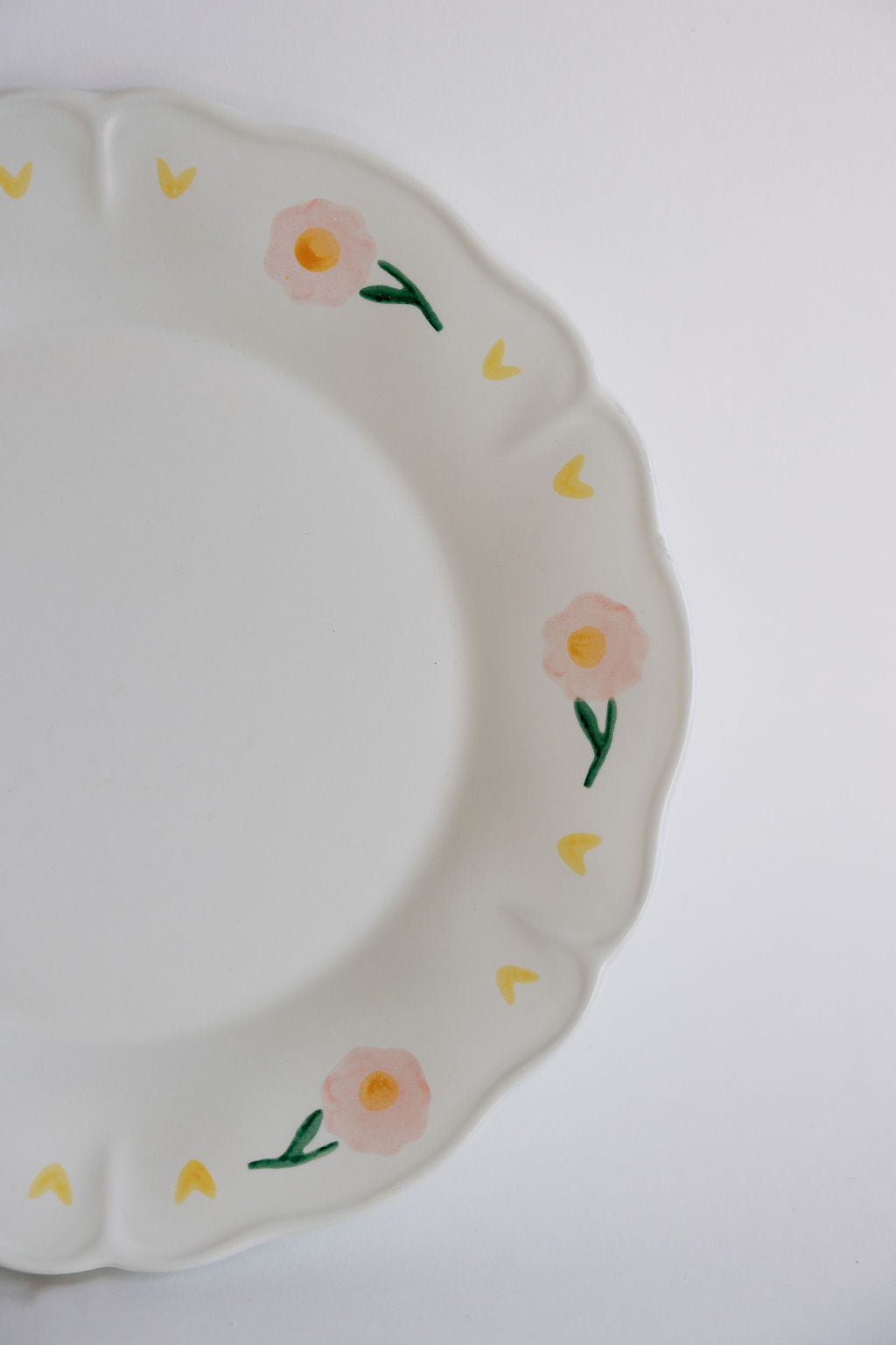 Close-up of Coquette Picnic plate's scalloped rim with hand-painted pink flowers, yellow buds and green stems.