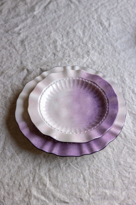 Lavender Ombre Ruffle porcelain salad plates with sculpted scalloped rim and pastel purple to pink wash, set of 4