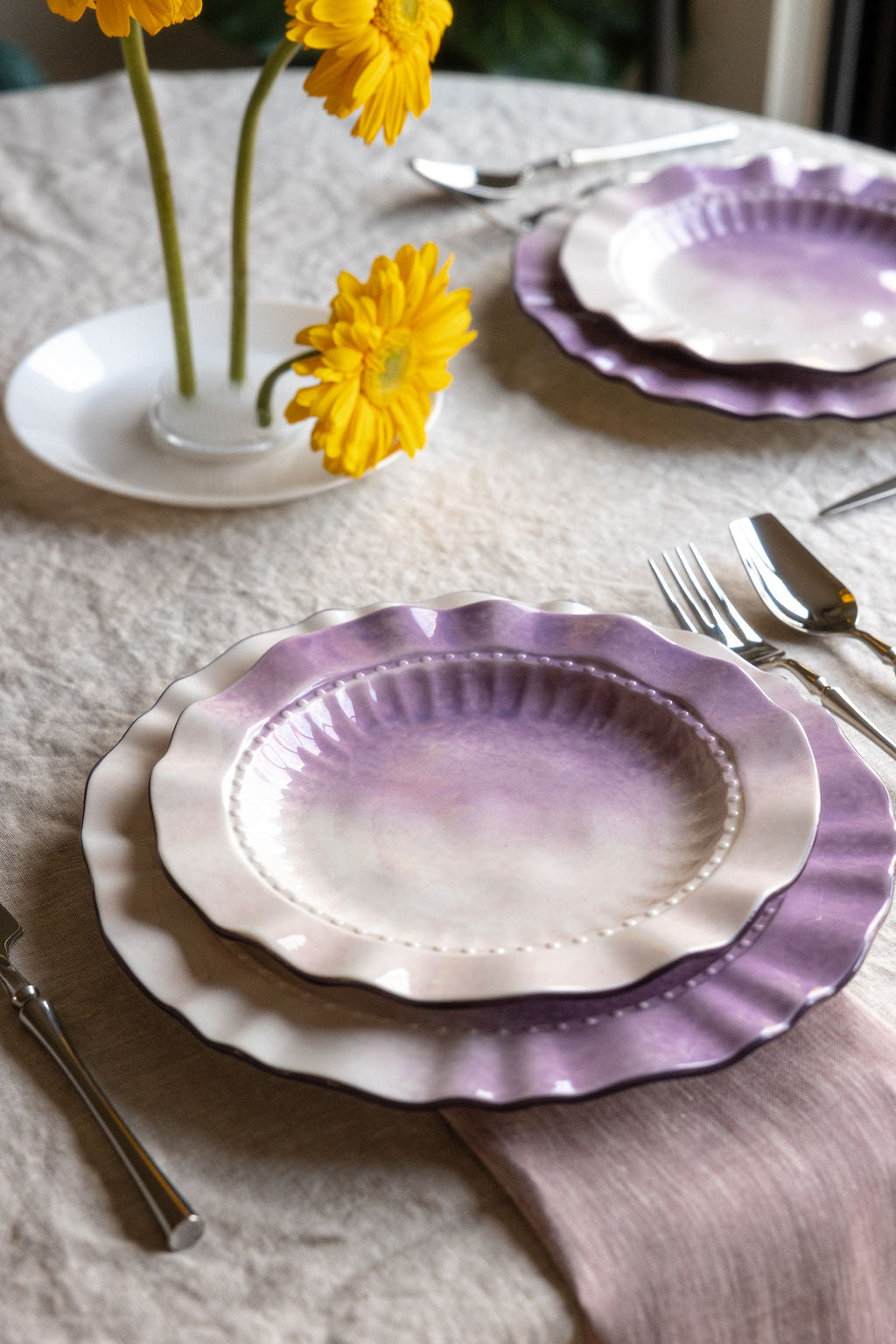 Cottagecore ruffled porcelain dinner plates in lavender ombre, perfect for bridal showers and spring lunches