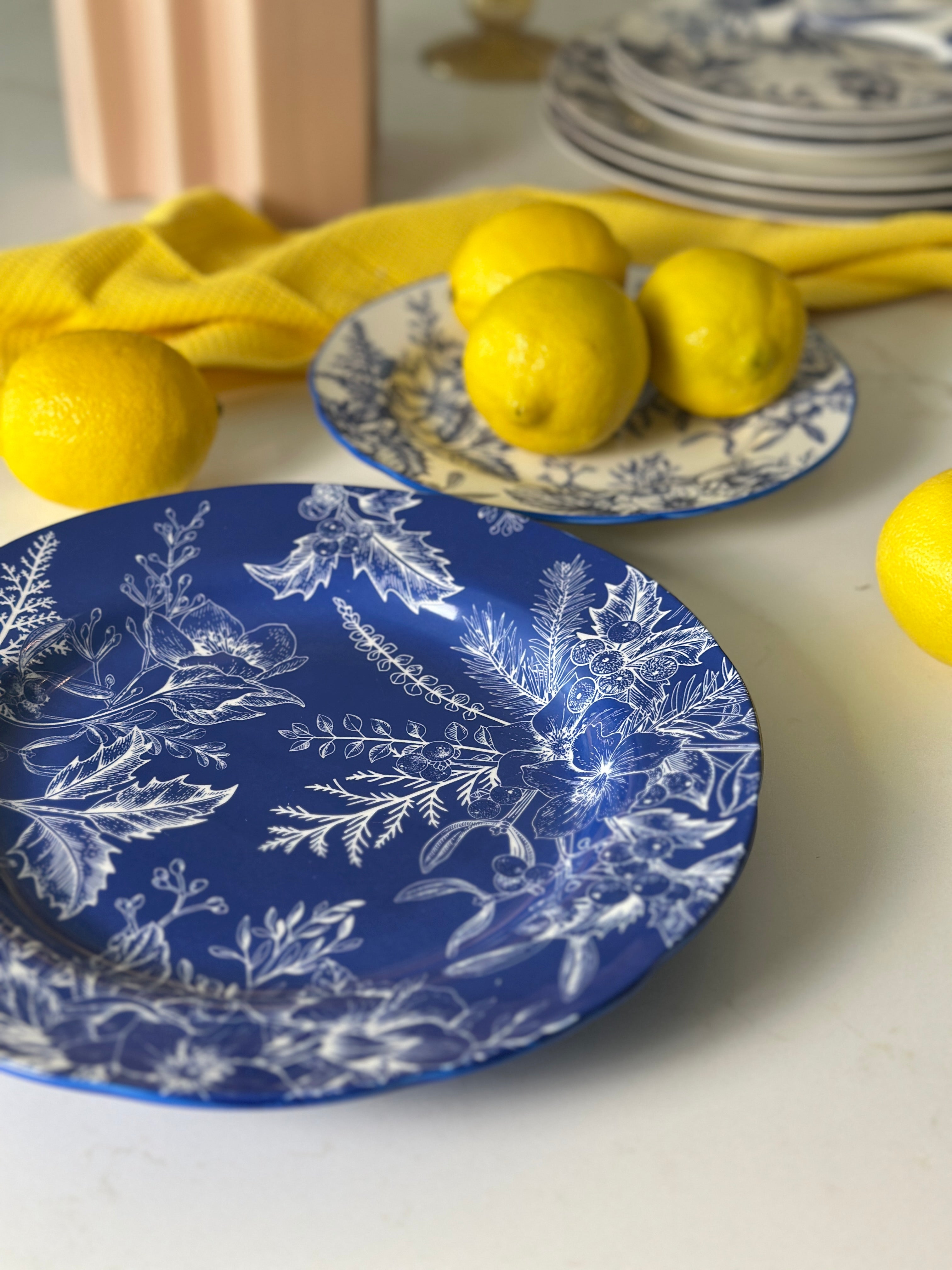 Blue chinoiserie floral porcelain dinner plate, glossy white finish — pairs beautifully with neutral linen
