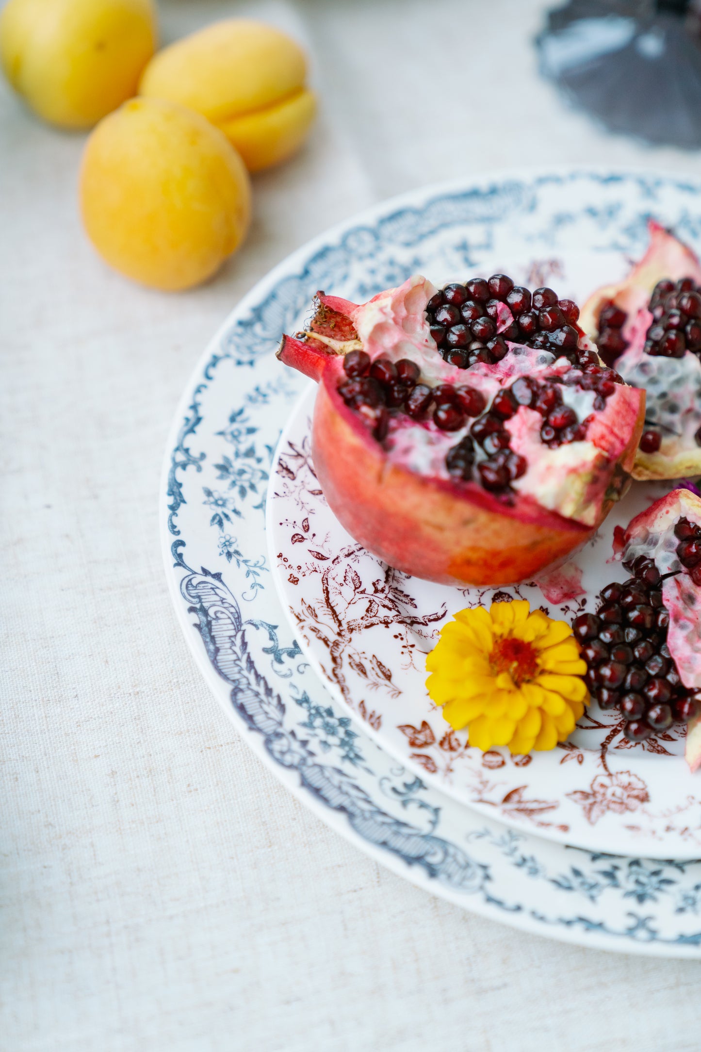 Chantilly Lace porcelain plates styled with cut pomegranate and apricots on a linen table, blue and red floral rims.