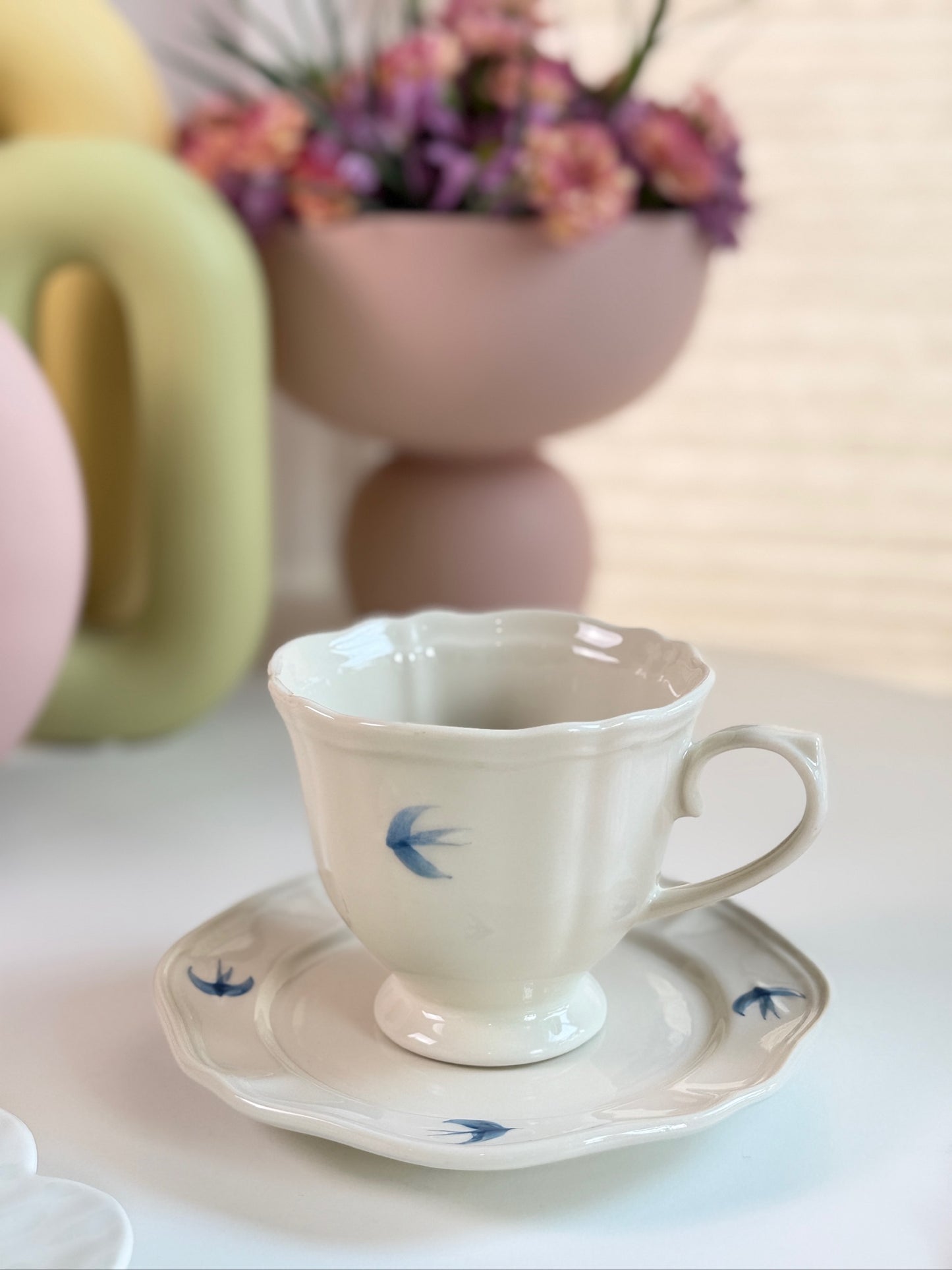Bluebird Painted Tea Cup and Saucer, Set of 2