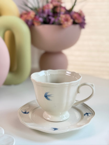 Bluebird Painted Tea Cup and Saucer, Set of 2