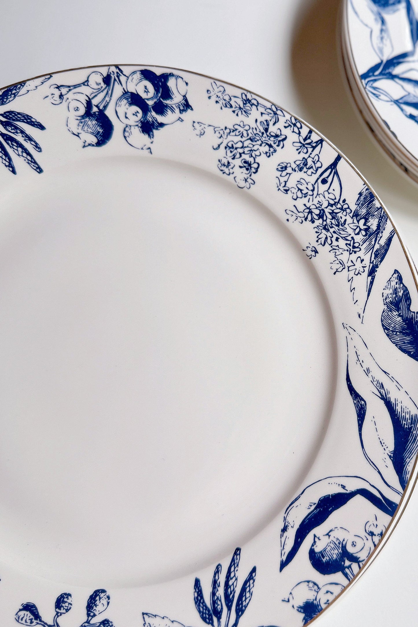 White plates with blue floral patterns on a white background