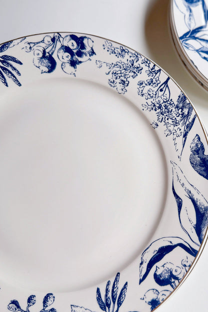 White plates with blue floral patterns on a white background