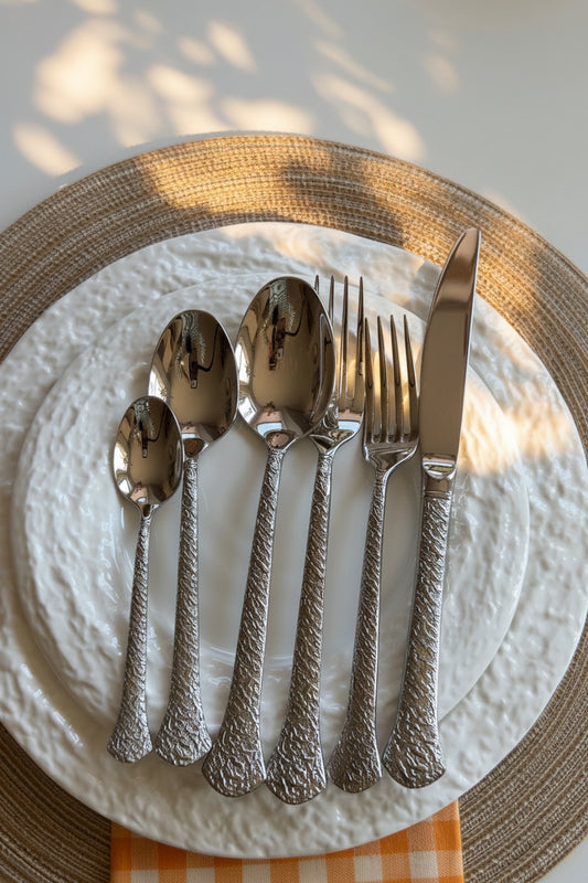 Set of silver cutlery including spoons, forks, and a knife on a textured white plate.