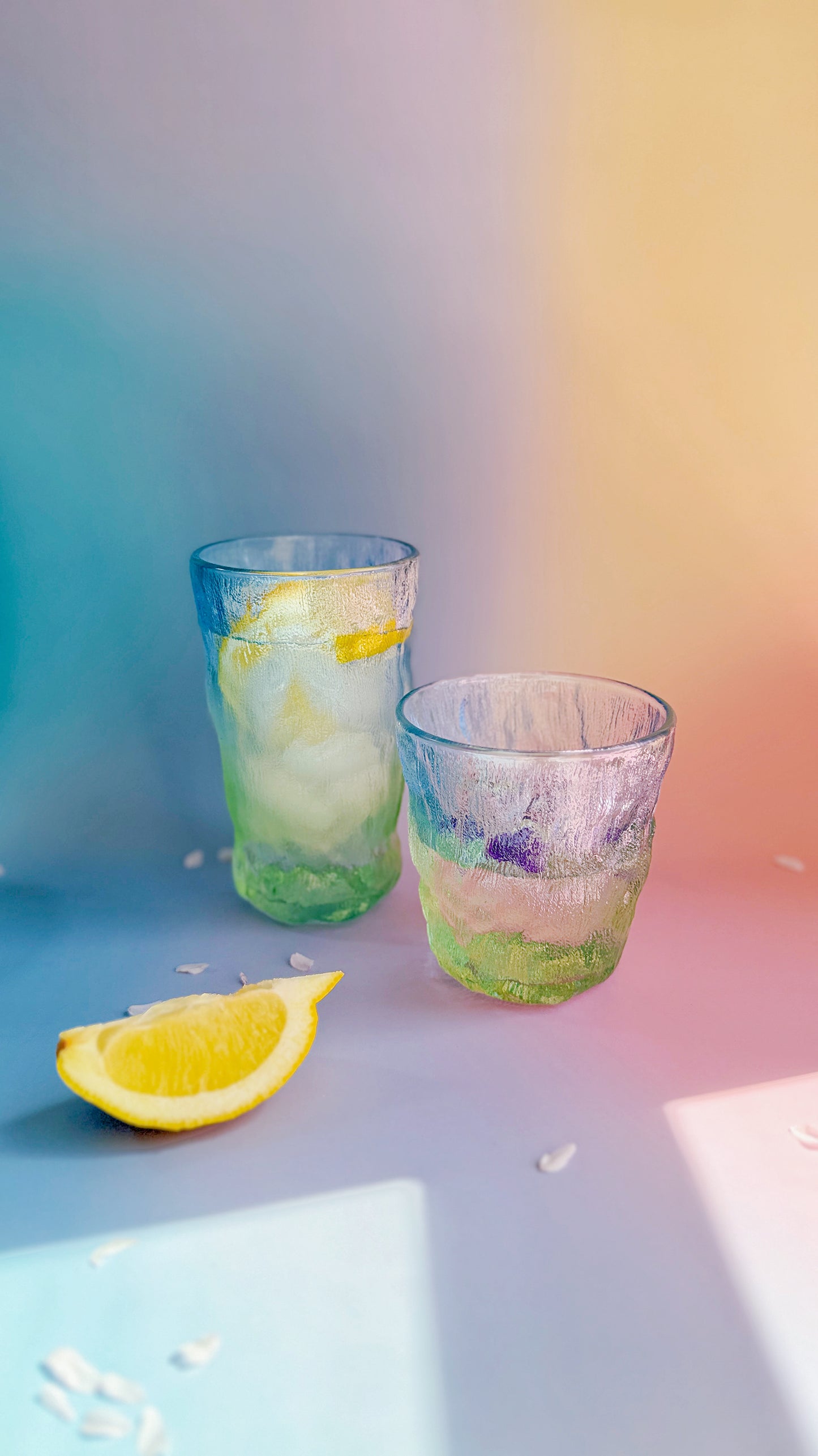 Coastal Hues rippled glassware set of 2 with blue-to-green ombre wash in matte or glossy finish