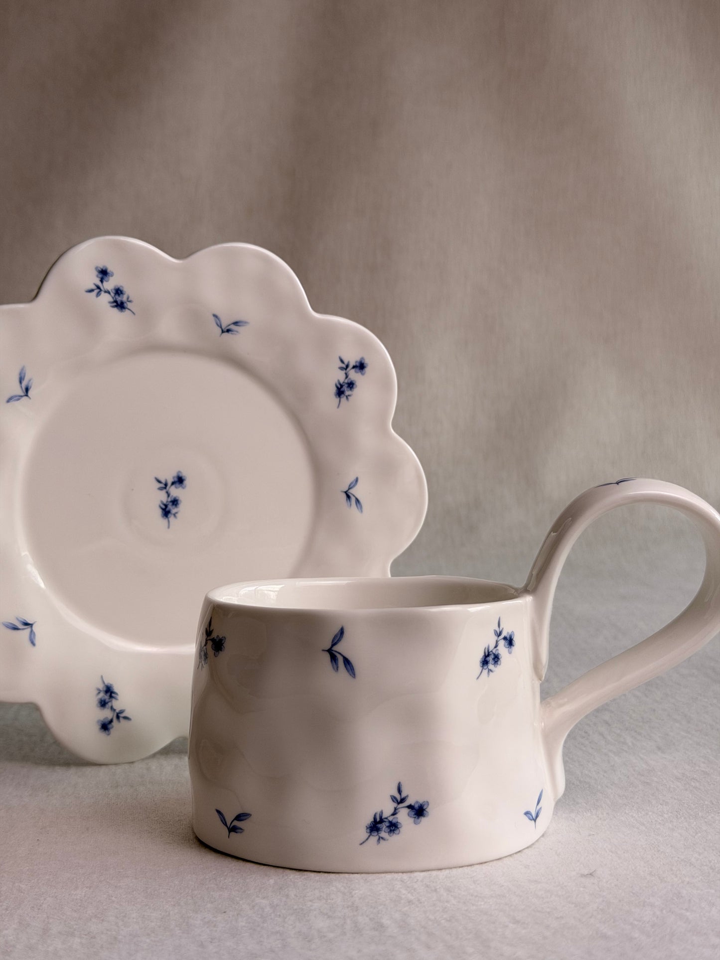 Scalloped Porcelain Bluebell Mug and Saucer