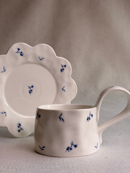 Scalloped Porcelain Bluebell Mug and Saucer
