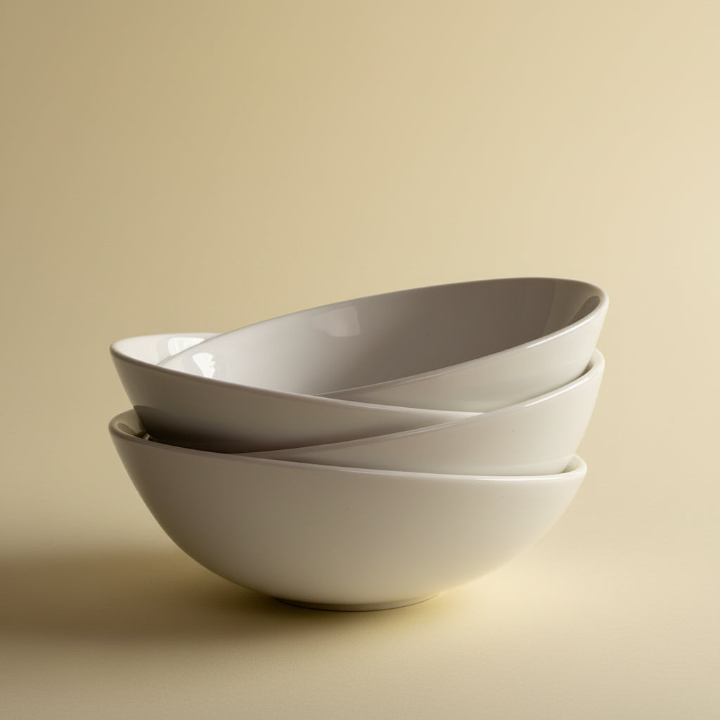 Asymmetrical porcelain dessert bowls with sculpted off-center rim in glossy white, set of 4