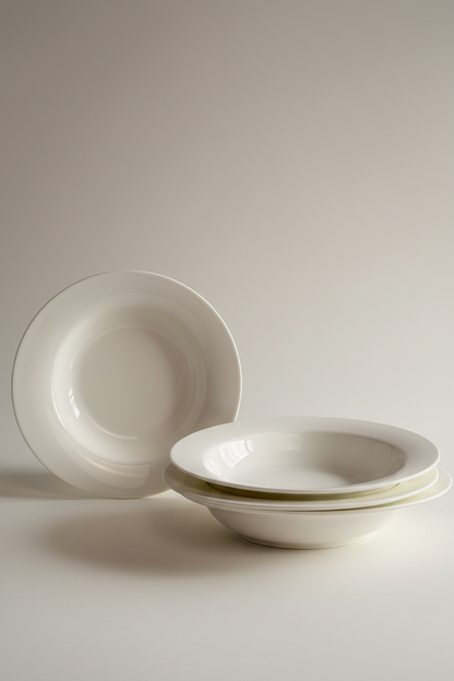 Askew porcelain cereal bowls with intentionally asymmetrical sculpted rim in glossy white, set of 4
