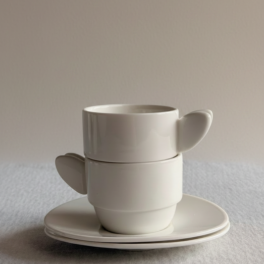 Two white Busy Bee espresso cups stacked on their saucers against a soft taupe background.