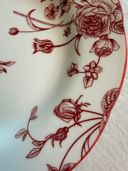 Close-up of a porcelain plate with red floral pattern on a white background