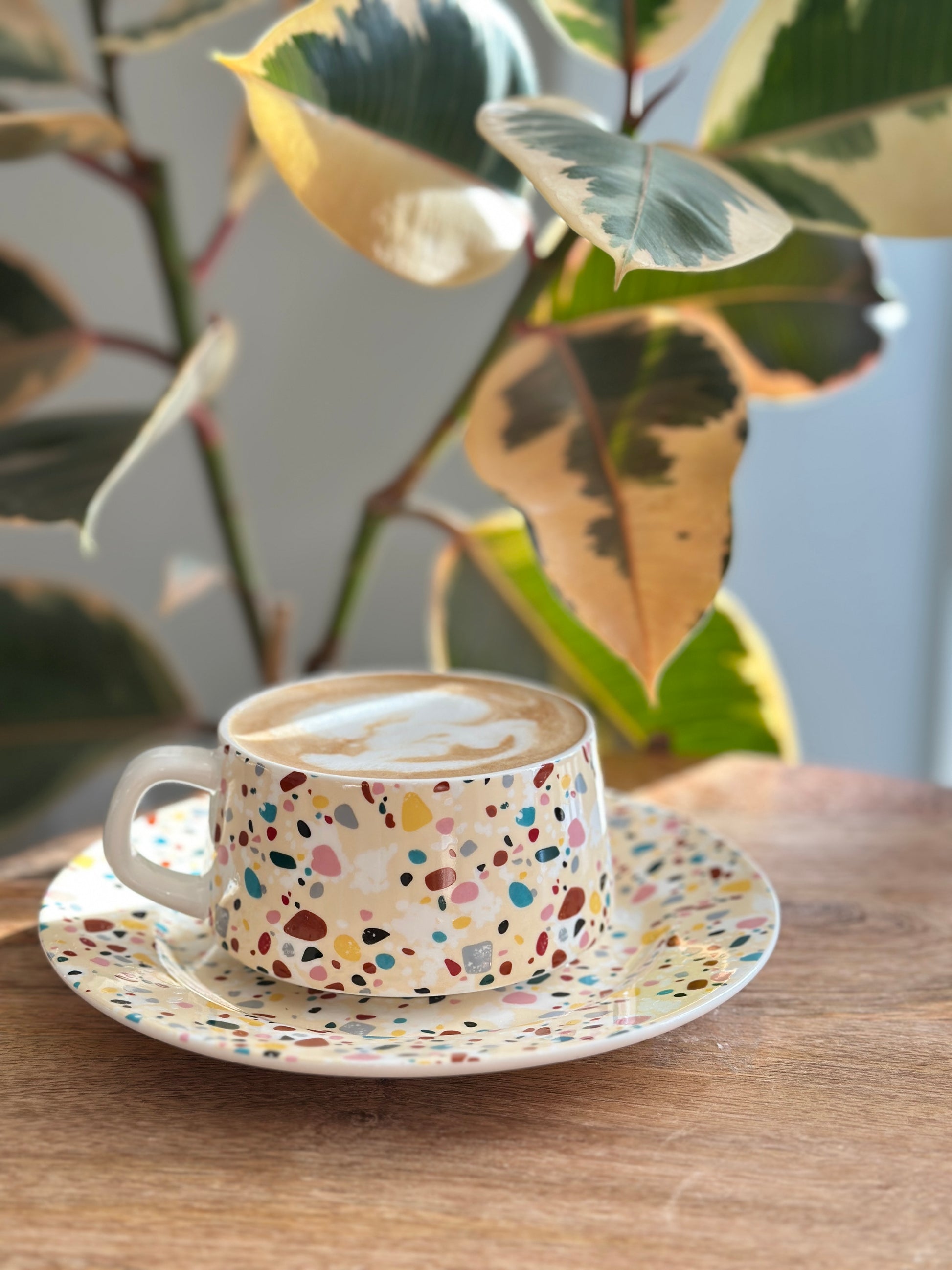 Colorful terrazzo-patterned tea cup and saucer on a wooden table with a plant in the background