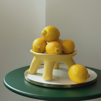 Yellow lemons on a decorative stand with a plain background