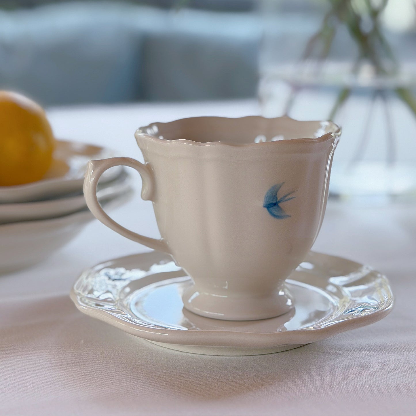 Bluebird Painted Tea Cup and Saucer, Set of 2