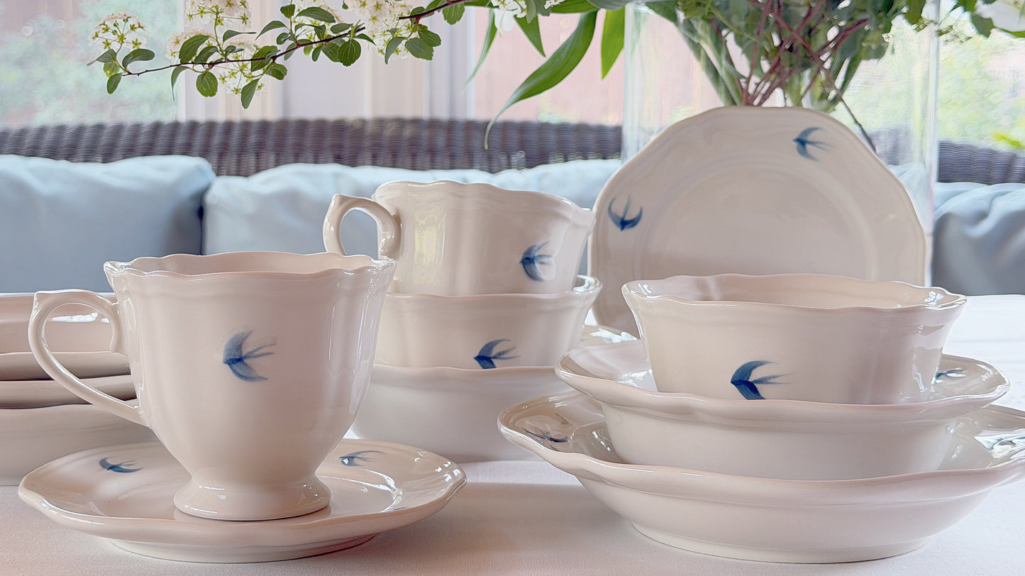 Bluebird Painted Tea Cup and Saucer, Set of 2
