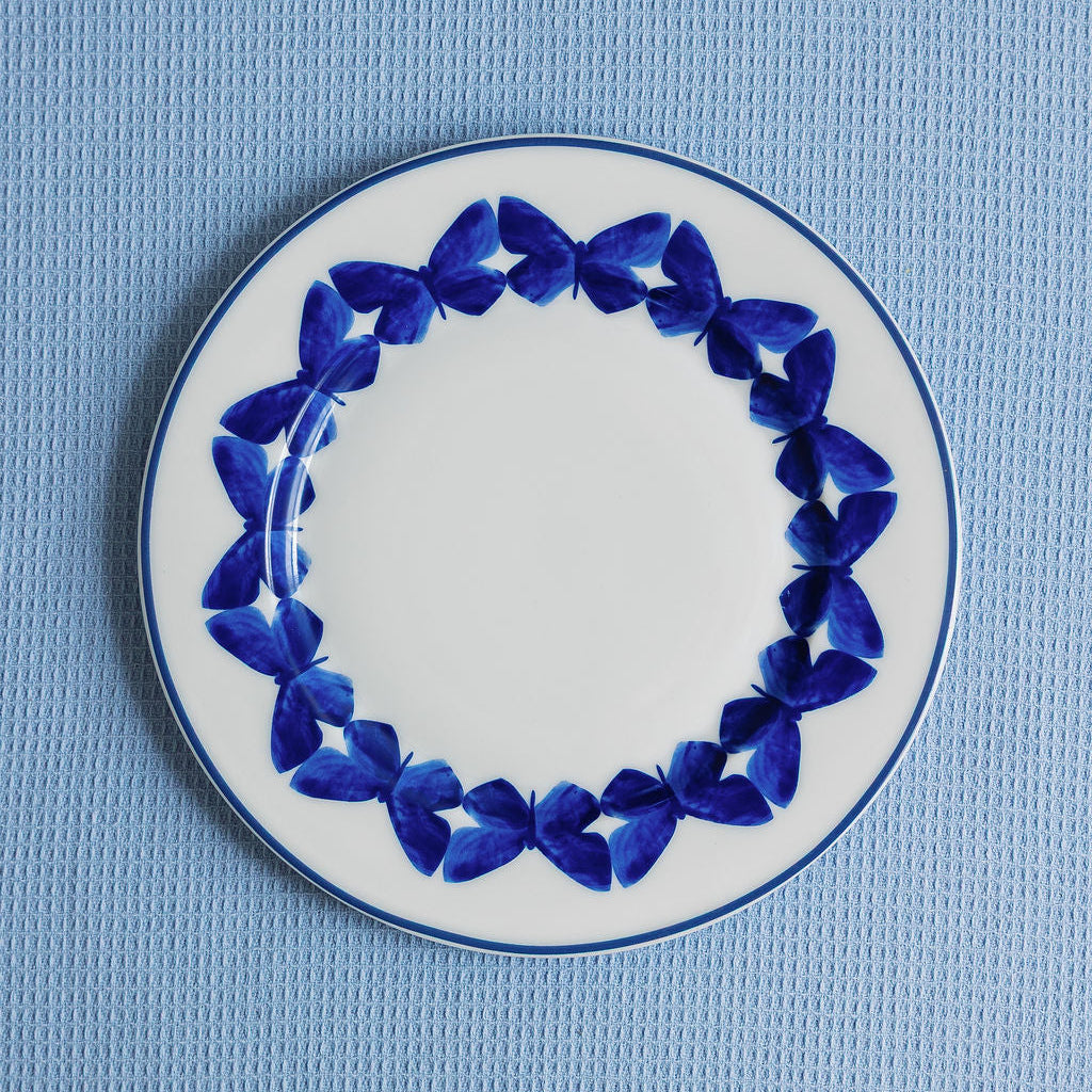 Adonis Blue Butterfly porcelain dessert plates with vivid cobalt butterfly motif, set of 4