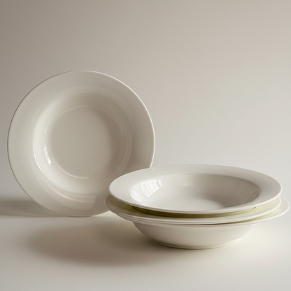Askew porcelain cereal bowls with intentionally asymmetrical sculpted rim in glossy white, set of 4