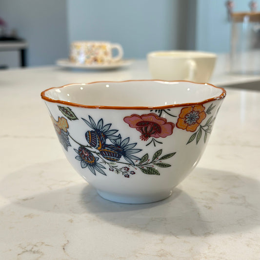 Azure Desert Floral porcelain rice bowls with vibrant cobalt blue floral pattern, set of 4
