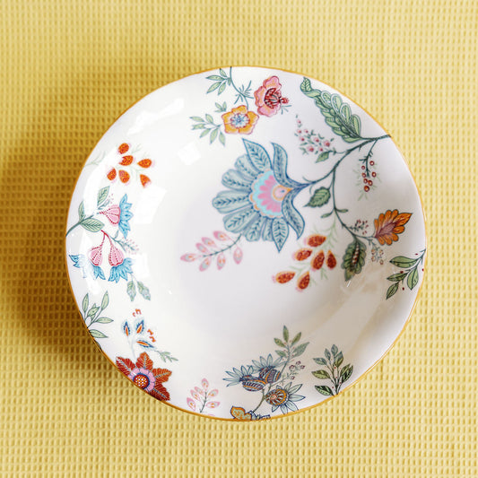 Azure Desert Floral porcelain salad bowls with vibrant cobalt blue floral pattern, set of 4