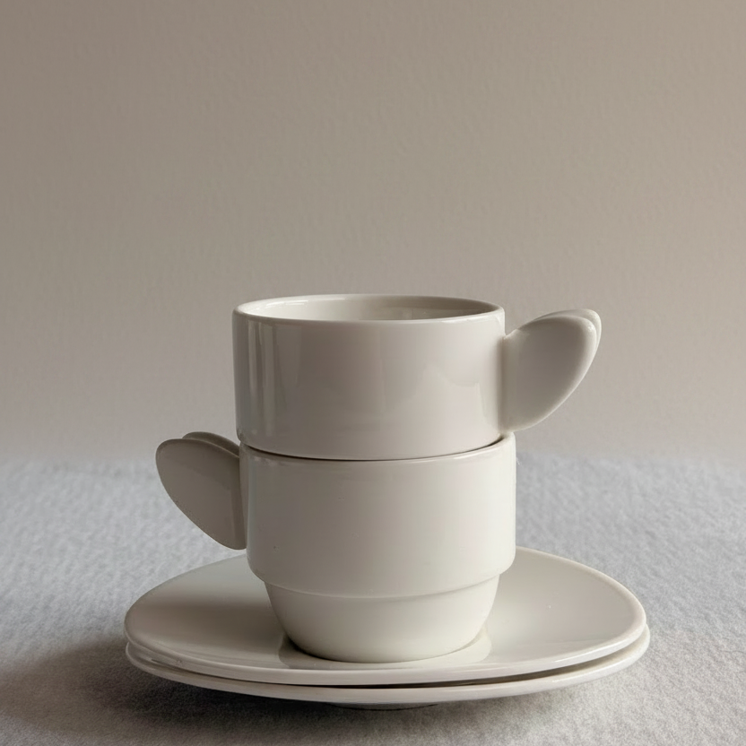 Two white Busy Bee espresso cups stacked on their saucers against a soft taupe background.