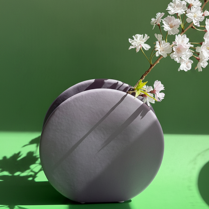 Ceramic Circle Bud Vase in grey, round flat vase holding white blossom sprigs against a green backdrop.